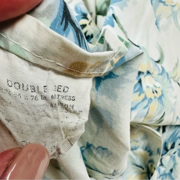 Vintage Blue Floral Cotton Lace Ruffle Trim 2 Standard Pillowcases & Flat Sheet - Picture 14 of 14